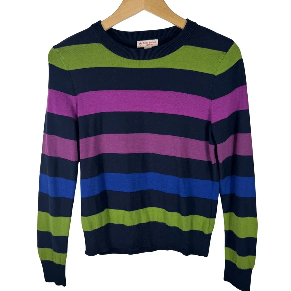 Brooks Brothers Red Fleece Striped Cotton Crewneck Sweater Womens M Navy Green